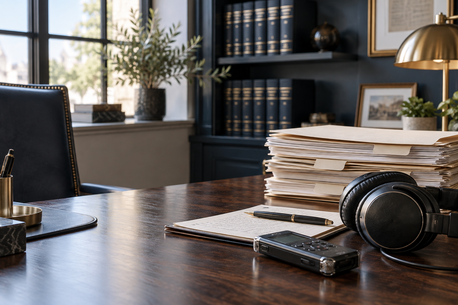 Legal transcription workspace with case files, audio recorder, and headphones
